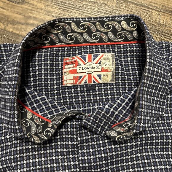 7 Downie Men’s Button Down Shirt Contrast Cuff Size 3X Blue Plaid Textured - Picture 7 of 9